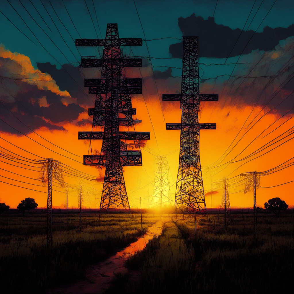 Texas Bill drama, sunset over power grid, Bitcoin mining rigs, demand response program, electricity sparks, hints of green growth, warm & ambient tone, mood of resilience, artistic liberty in energy portrayal, legislative debate, soaring innovation, grid sustainability, uncertain future.