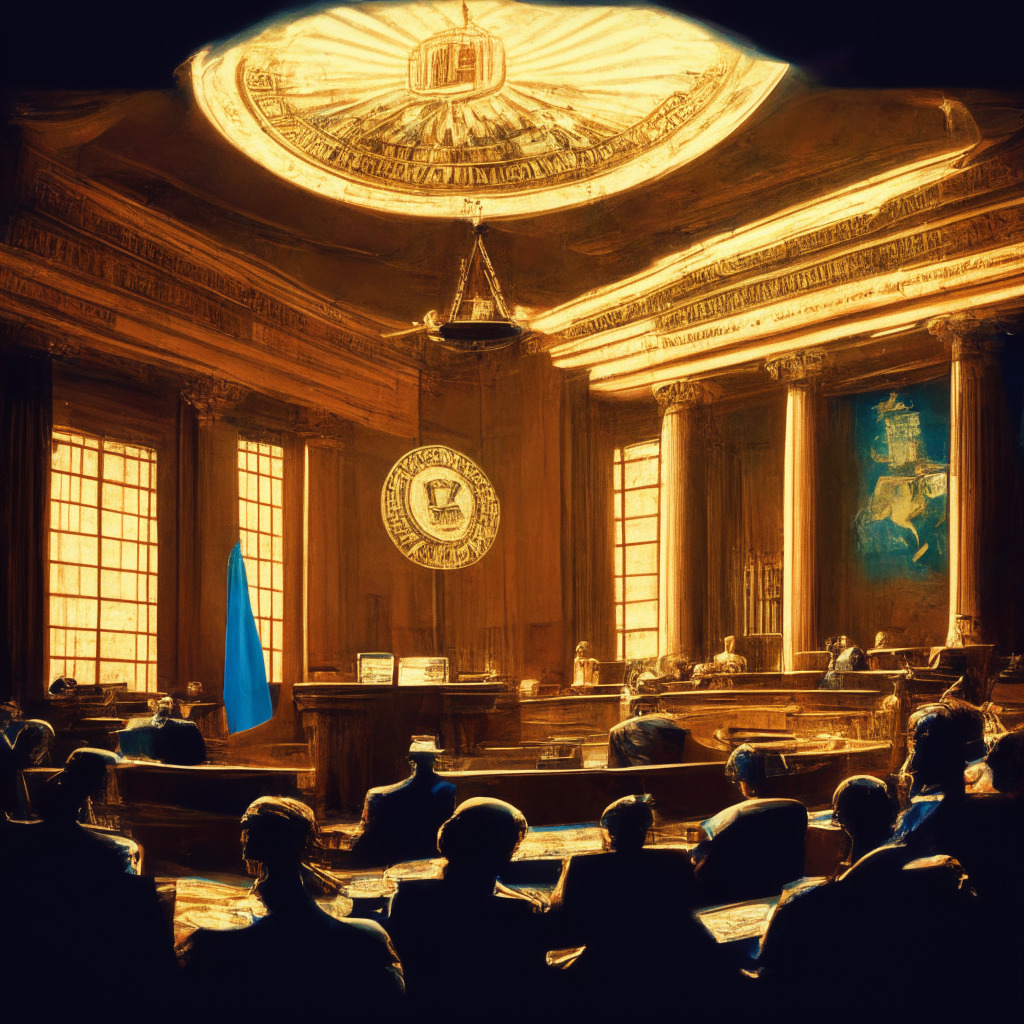 Texas legislative chamber, digital currencies bill voting, warm lighting, impressionist art style, prominent feeling of triumph, hint of skepticism, different currency-icons, extended hands exchanging digital currency, a balance scale with digital coins and traditional currency, focused on the freedom of choice, subtle nod to Texans' pioneering spirit.