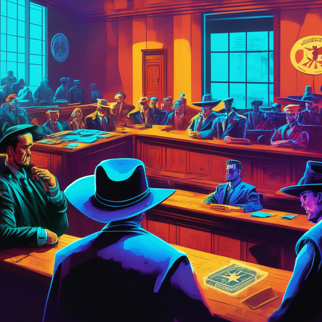 Texas regulators battle crypto scams, conceptualized courtroom scene, intense atmosphere, vibrant colors, contrasting shadows, allegorical depiction of vigilance vs. deceit, AI algorithm personified with a doubtful smirk, prominent crypto personalities, investors examining offers skeptically, educational backdrop, hope vs. skepticism.