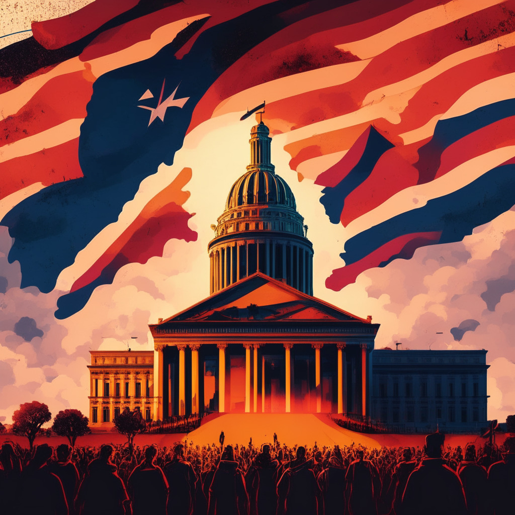 Intricate Capitol building scene, crypto protest, mix of concern and determination on protesters' faces, glowing sunset with rich hues, Texas flag waving, contrast of warmth and shadow, blockchain symbols subtly present, evolving-clouds background symbolizing uncertainty, atmosphere of tension and hope.