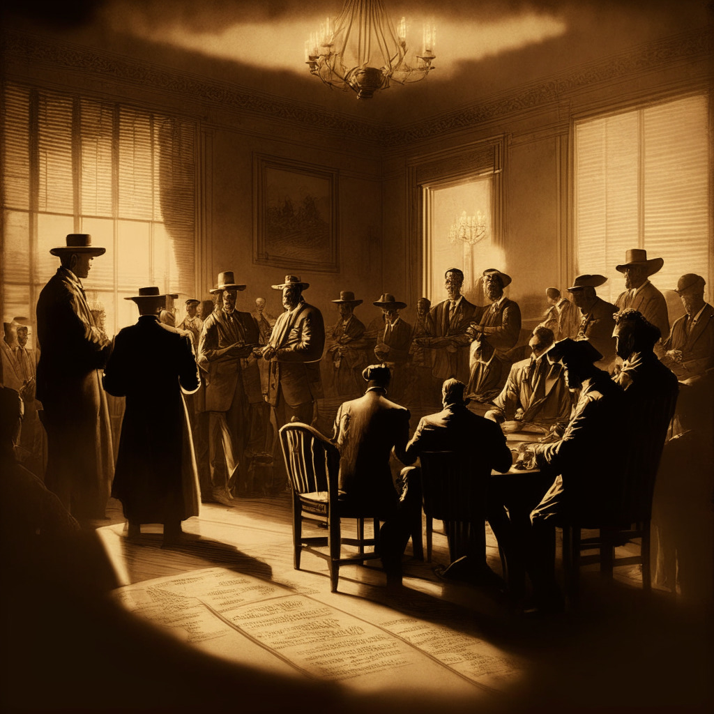 Texas crypto legislation scene, evening golden light, vintage sepia tone, Renaissance painting style, a balance scale with consumer protection on one side and innovation on the other, determined lawmakers discussing, digital assets background, subtle concerned and hopeful expressions, intricate patterns on clothing, chiaroscuro lighting technique.