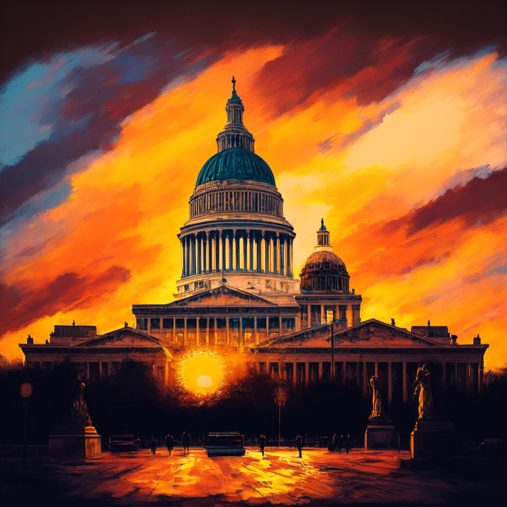 Enchanting sunset over Texas Capitol, warm hues embracing political figures, crypto symbols, dynamic brushstrokes create atmosphere of progress, determination, balance between disruption, regulation. Lawmakers debate digital currencies in vibrant scene, capturing moment of transformative acceptance, sense of forward-looking optimism. No logos.