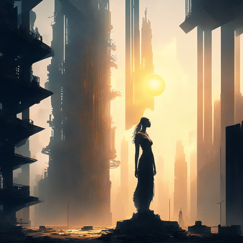 Ethereal, sunlit cityscape, a symbolic figure with dual nature, contrasting gritty industrial past and sleek, futuristic crypto aesthetic, contemplative mood, chiaroscuro lighting, palpable tension of wealth and power, embodying altruism, tempered optimism, and shared progress, questions of self-sufficiency, collaboration in the blockchain era.