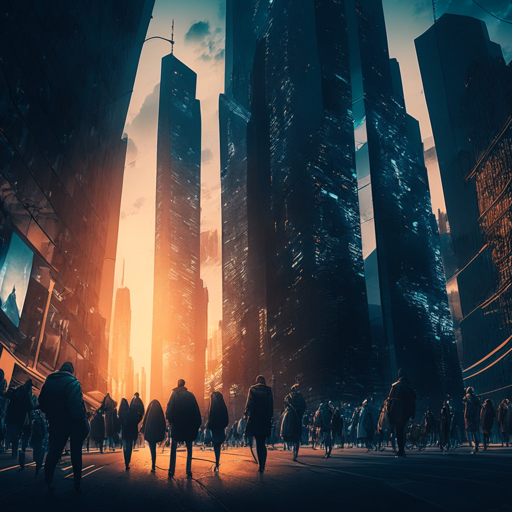 Futuristic cityscape at dusk, glowing blockchain connecting buildings, diverse crowd examining pros & cons of technology, elegant chiaroscuro lighting, Baroque-inspired composition, financial district, air of debate and cautious optimism, subtle cracks in pavement to symbolize current challenges.