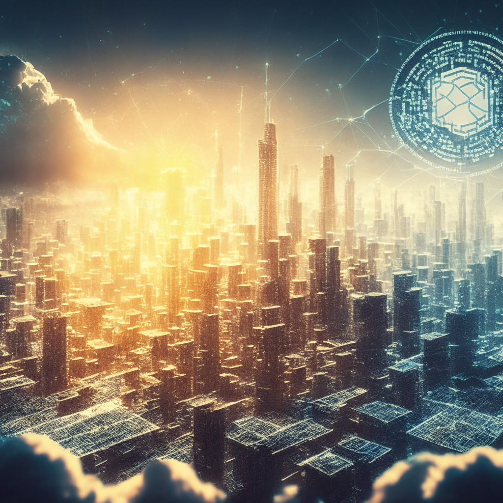 Intricate blockchain network, futuristic city skyline, intense sunlight through scattered clouds, chiaroscuro effect, majestic cryptocurrency coins, cautious investors, balance scale symbolizing risks & potentials, moody, enigmatic atmosphere, conversations on sustainability & privacy, tech giants observing closely.