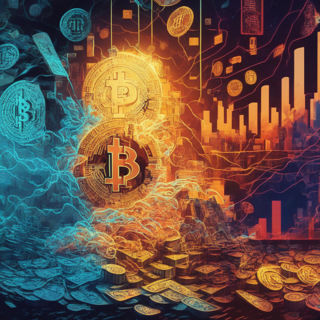Intricate digital assets scene with economic effects, contrasting colors of independence and dependency, dynamic light showing market volatility, strong visual elements depicting financial stress and resilience, underlying theme of macroeconomic factors influence, mood highlighting the debate on crypto's true nature.