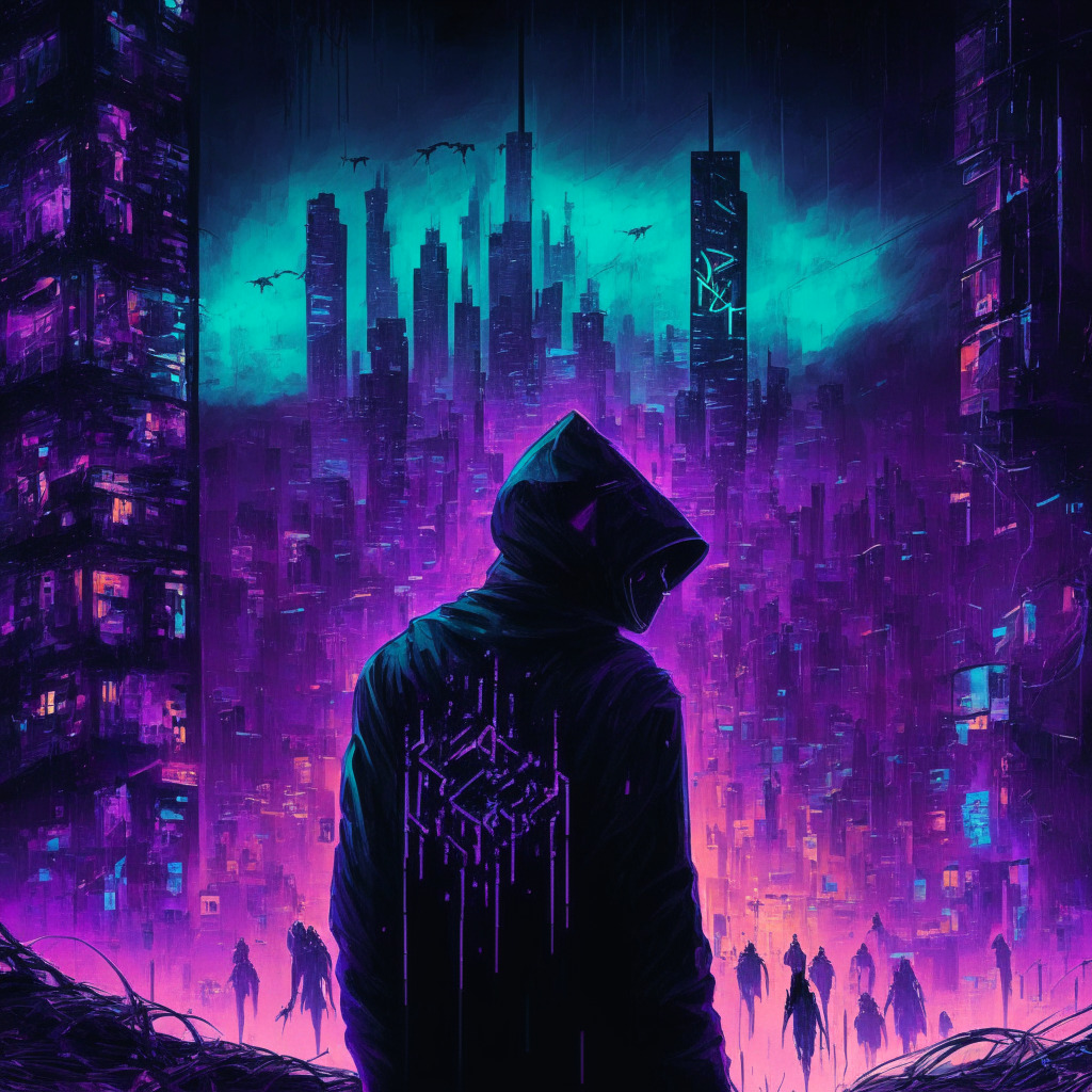 Ethereum network under siege, anonymous user amasses $40M: An intricate cyberpunk painting, shadowy figure amidst neon cityscape, Ethereum symbol looming in the sky, cascading codes representing sandwich attacks, mysterious MEV bots lurking. Moody twilight hues, tense atmosphere, contrast of innovation and exploitation. (348 characters)
