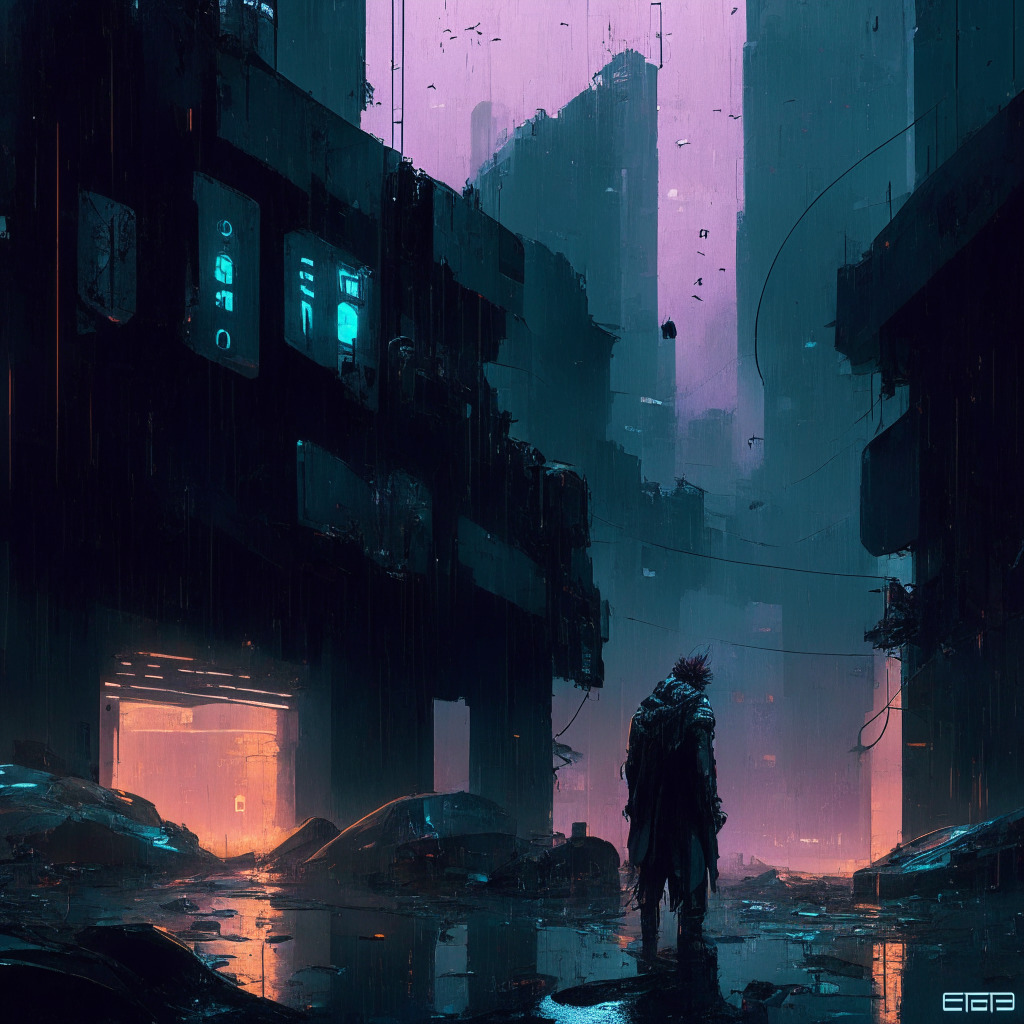 Gloomy cyberpunk cityscape, crumbling game cards, auto battlers in despair, controversial crypto+gaming union, complex Web3 onboarding, frustrated users, NFT sports stars amid uncertainty, contrasts of success & failure, mood of caution & adaptation, ethereal light, urgent calls for ethical evaluation.