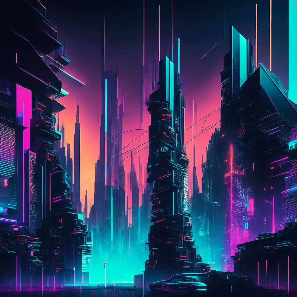 Futuristic cityscape with blockchain elements, neon and holographic colors, contrasting light and shadows, cyberpunk art style, financial district skyline, semi-abstract geometric shapes, technology-focused atmosphere, emerging markets, positive yet complex mood, ethereal ambiance, nocturnal setting.