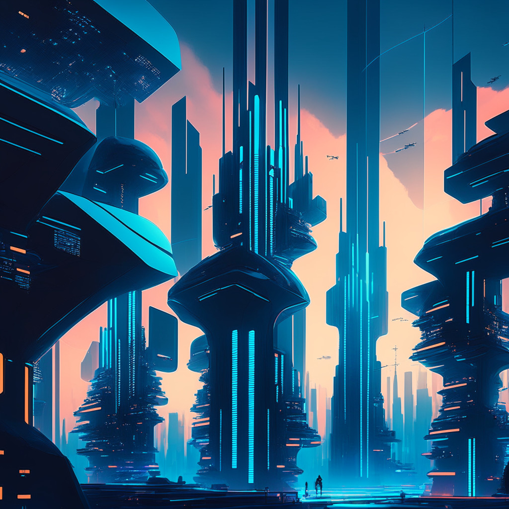 Futuristic cityscape at dusk, blockchain-inspired floating structures, blue tones and neon accents, soft sunlight, contrast of shadows and highlights, cyberspace visual elements, optimistic yet mysterious atmosphere, abstract geometric shapes, art deco-inspired architecture, sleek technology devices, people interacting peacefully with holograms.