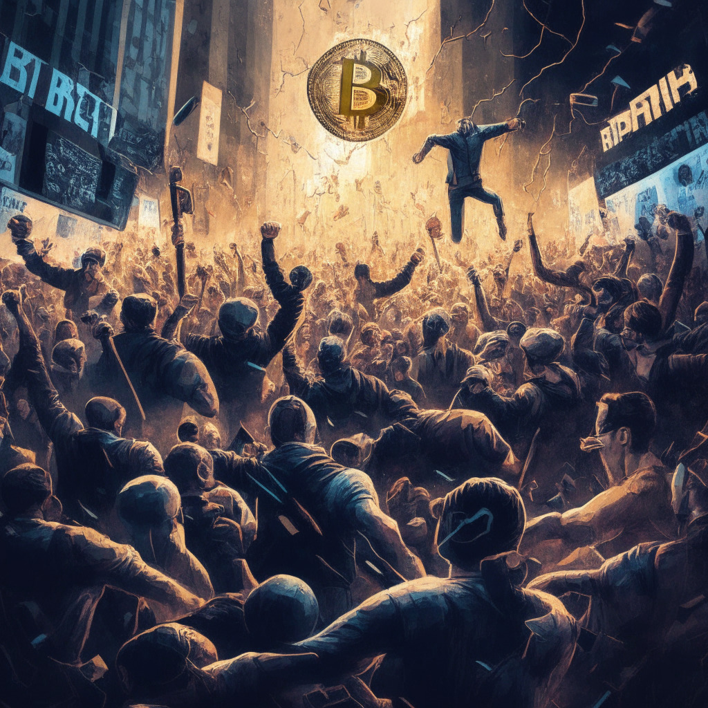 Cryptocurrency uprising, light vs. dark, chaotic stock market, vibrant digital assets, dramatic contrast, powerful movement, united small-scale investors, bustling social media presence, diverse meme community, gleeful early investors, dynamic tokens, energized competition, aura of anticipation, triumphant Wall Street Bets heroes, looming listing on major exchanges, determined crypto enthusiasts.
