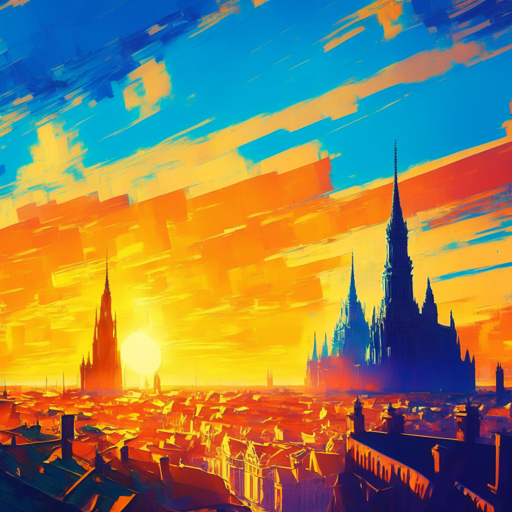 Sunrise over European skyline, crypto-inspired architecture, vibrant colors, Van Gogh-esque brushstrokes, busy trading market atmosphere, sense of optimism and caution, shadows of regulatory hurdles and restrictions, majestic stablecoin soaring against a decentralized sky.