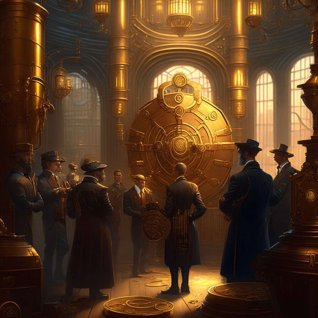 Cryptocurrency custodian regulation scene, Victorian-era steampunk style, warm low-light atmosphere, protective golden shield with multiple locks, secure vault in the background, diverse group of regulators meticulously drafting rules, optimistic and determined expressions, trust-building aura.