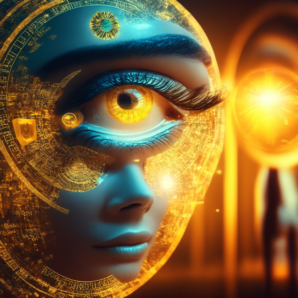 Futuristic iris-scanning device, global ID & currency concept, warm golden light, mixed emotion of skepticism & curiosity, blend of technology & art, central Orb in focus, diverse crowd in background, inviting yet mysterious ambiance, symbolic representation of interconnected global economy.