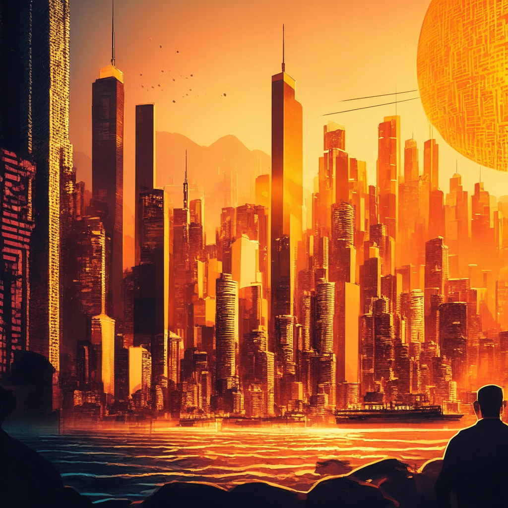 Hong Kong crypto revival, dynamic market, bustling cityscape, vibrant colors, futuristic skyline, cryptocurrency symbols floating, dusk setting, warm golden hues, soft shadows, sense of excitement, air of possibility, regulatory hurdles represented by barriers, optimistic mood.