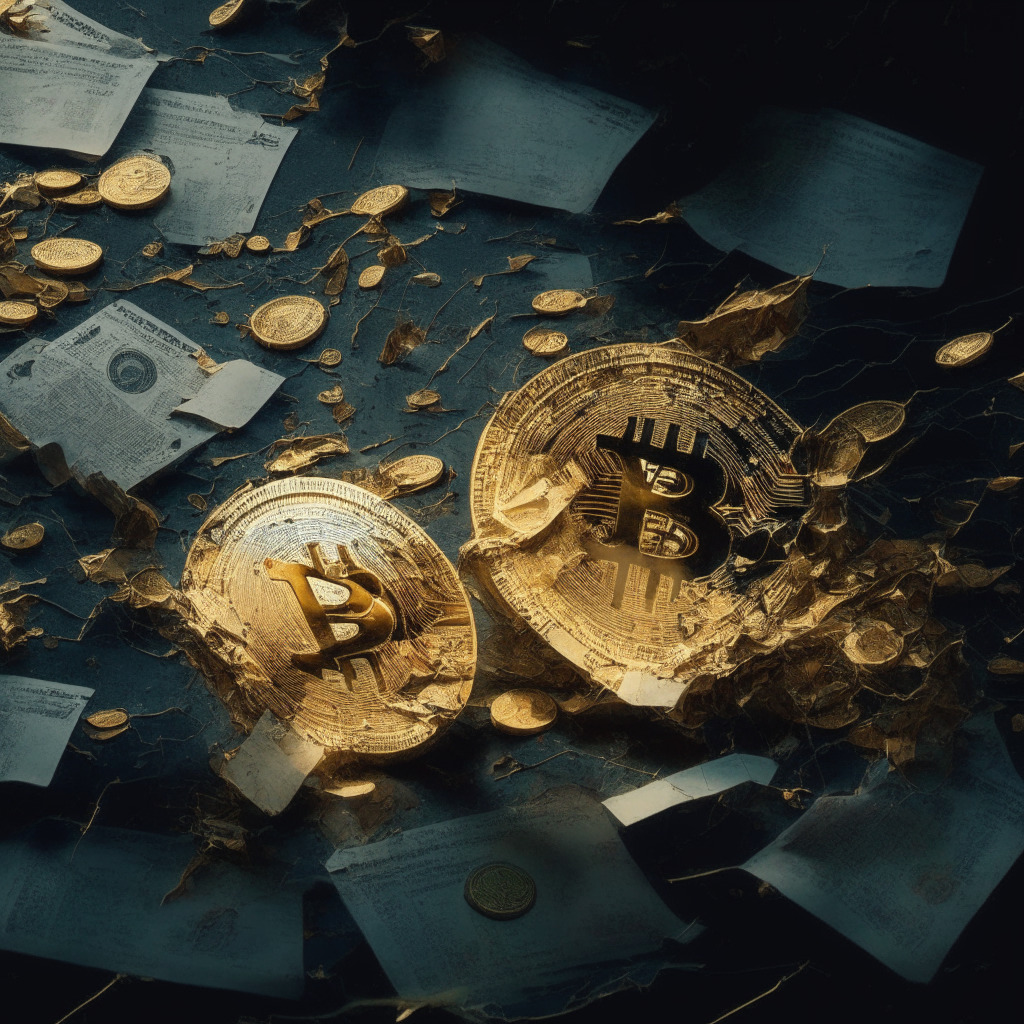 Cryptocurrency market turmoil, once-thriving Bittrex under regulatory scrutiny, golden coins amidst shattered glass, chiaroscuro lighting emphasizing tension, an air of melancholy and uncertainty, finger pointing to a legal document, a subdued yet bold palette, reminder of fragile market stability, and the importance of balanced regulations.