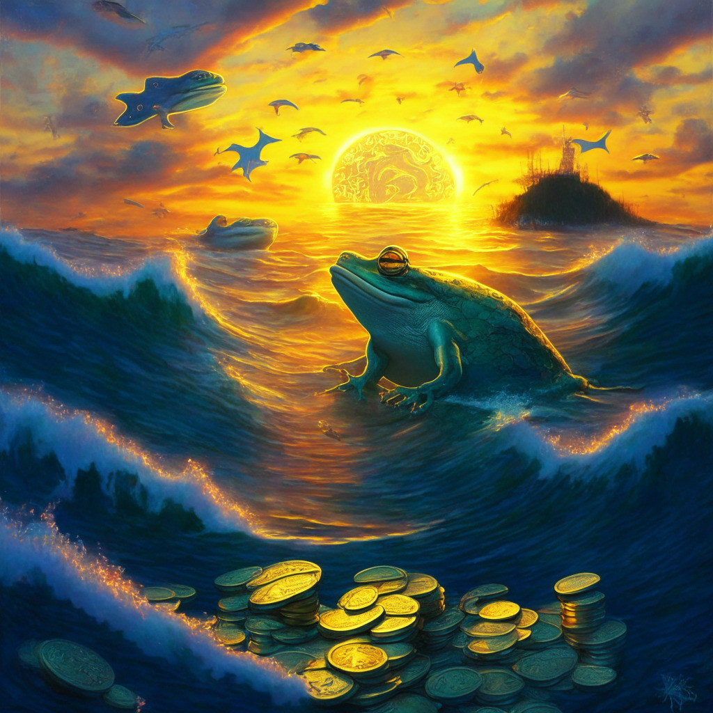 Mood: Cautionary yet intriguing, Artistic Style: Surrealism, Light Setting: Twilight, Scene: A whimsical frog riding the waves of a tumultuous crypto sea, surrounded by lurking whales, ascending coins amid a setting sun. The scene embodies the volatility & risky allure of meme coins in the market.