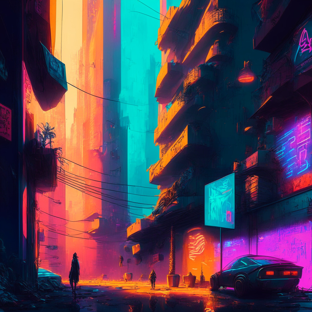 Sunlit cyberpunk cityscape, reflective streets, neon signs, meme coin creator as anonymous graffiti artist, contrasting shadows, vibrant colors, mysterious mood, tokens & coins floating, risk & reward theme, futuristic financial district, looming legal threat, busy AI-generated memes corner, warning signs for cautious investments.