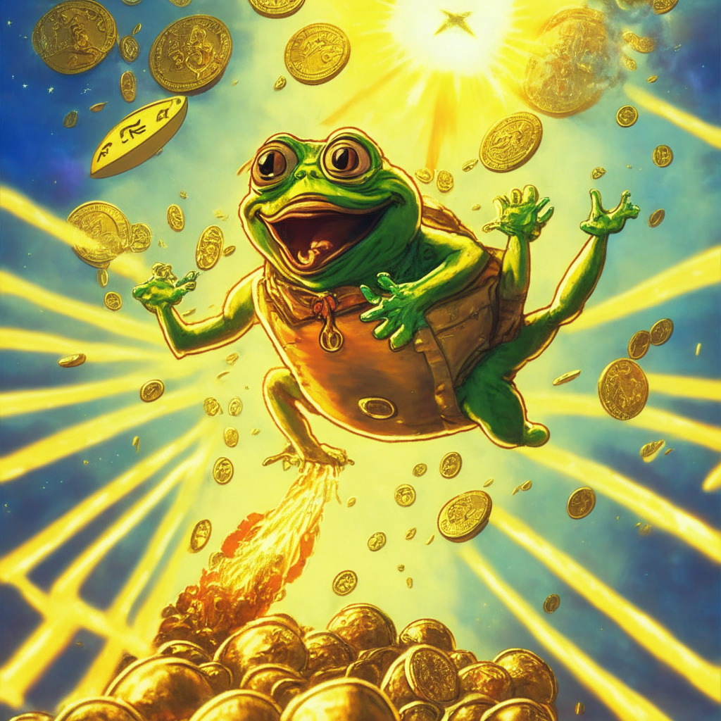 Sunlit digital art, Pepe the Frog riding a rocket, cheerful expression, golden coins in the background, whimsical artistic style, soaring crypto chart, excited crowd watching below, underlying warning vibe, fragile glass floor, risk-reward dichotomy, capturing meme coin craze in a snapshot.
