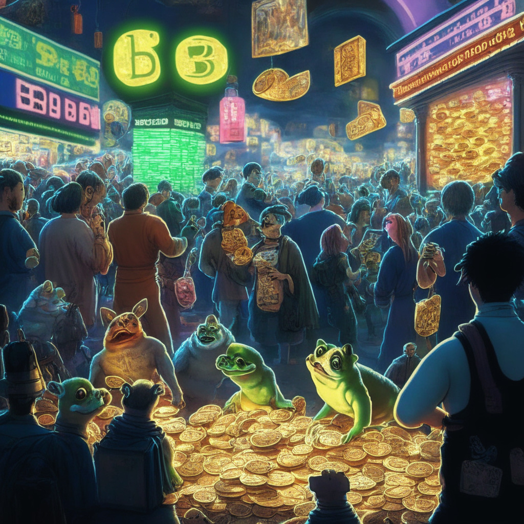 A bustling cryptocurrency marketplace, various memecoins front and center: DOGE, SHIB, PEPE, BABYDOGE, FLOKI, neon lights reflecting on sleek surfaces, euphoric traders holding bags of tokens, animated Pepe frogs scattered across the busy scene, Baroque-style art contrasting modern tech, soft and warm glow enveloping characters, a mixture of joy and tension in the atmosphere.