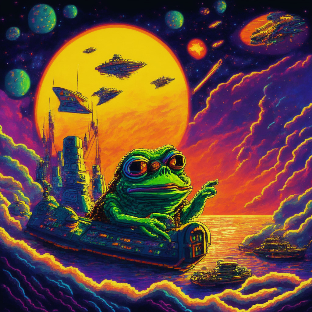Futuristic pixelated Pepe the Frog riding spaceships, warm glowing hues, space and sci-fi elements, Bitcoin-representative icons colliding with Bored Apes Yacht Club, edgy juxtaposition, chaotic-yet-harmonious atmosphere, vibrant colors symbolizing Web3 digital world, subtle undertones of market rivalry, mood of curiosity and uncertainty.
