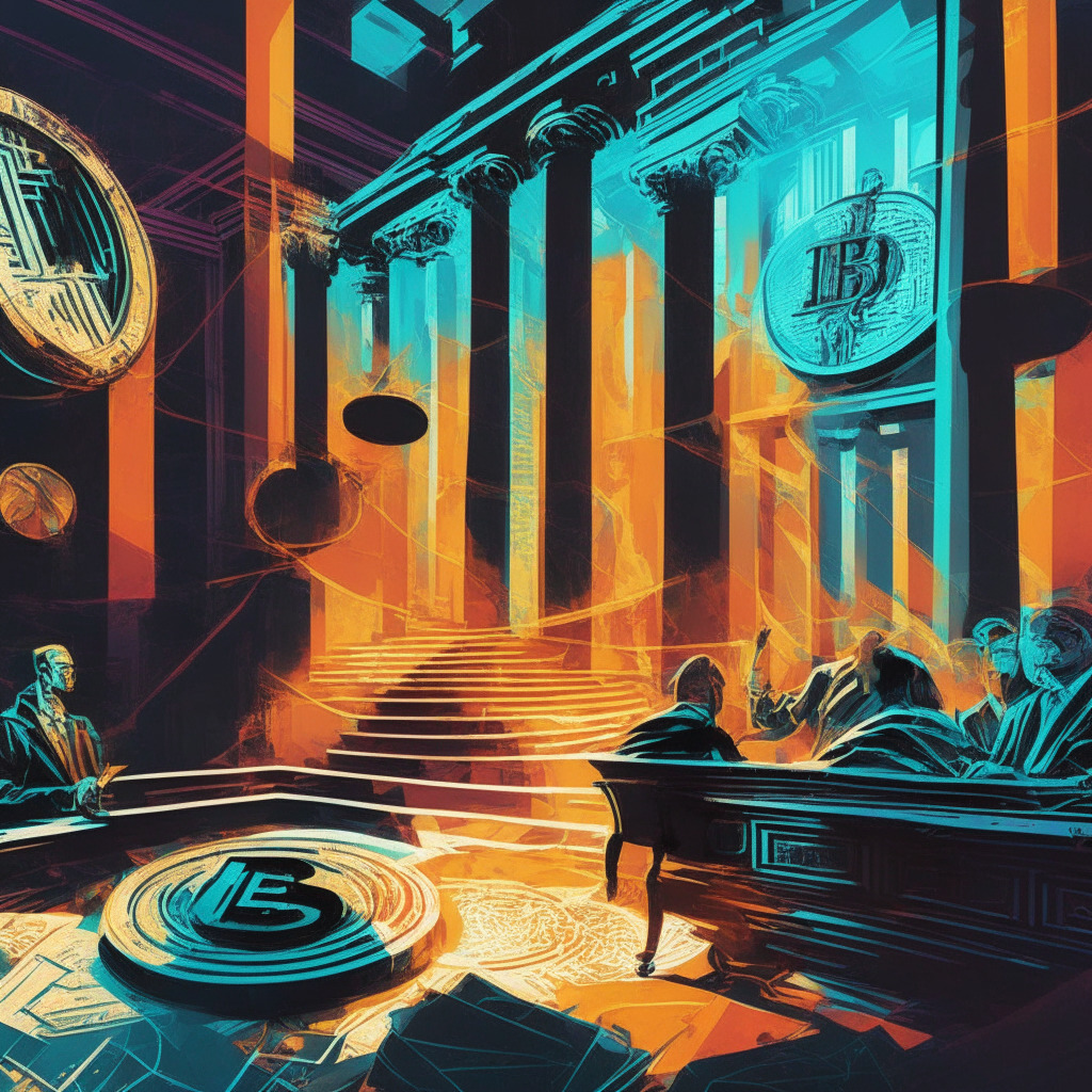 Cryptocurrency courtroom drama, SEC debate, crypto as securities, opposing views. Artistic style: modern abstract, Light: contrasting shadows, vivid highlights. Descriptive terms: intricate patterns, dynamic composition, expressive colors. Mood: tension, anticipation, innovation.