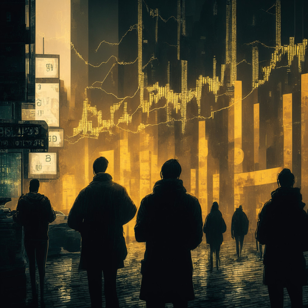Gloomy cityscape reflecting Bitcoin's shaky future, digital screens with charts and graphs, crypto-enthusiasts in discussion, bags of gold and dollar bills in background, desaturated and moody artistic style, contrasting lights in shadows to emphasize uncertainties, a city street with frequent market shifts for dramatic effect.