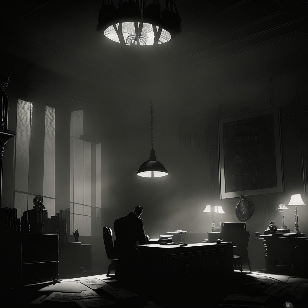 Intricate financial scene, moody atmosphere, golden currency symbols and digital elements in chiaroscuro, dimly lit office setting, artistic Art Deco style, impactful contrast, uncertainty as focal point, glimpse of future potential despite challenges, grayscale, subdued optimism.