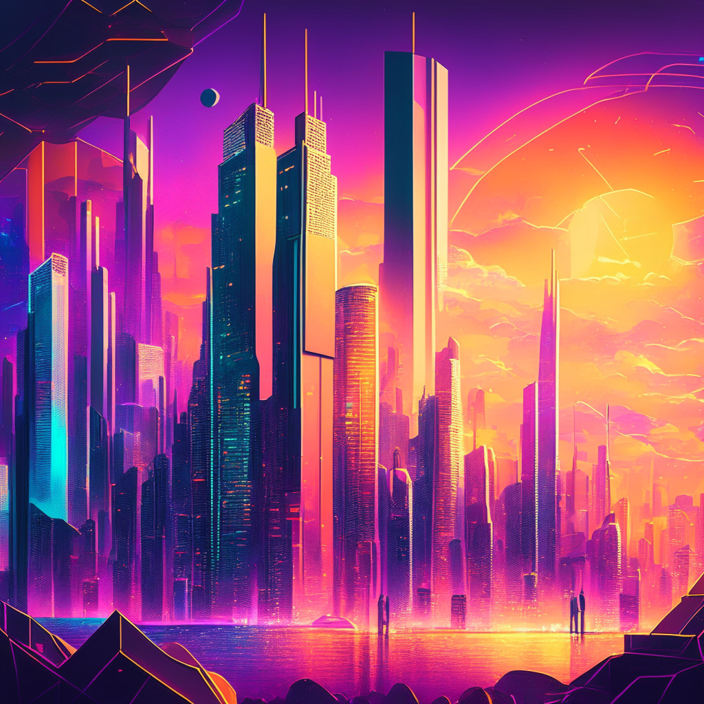Tokenization landscape with DeFi focus, futuristic skyscrapers, Ethereum dominating the skyline, ERC-20 tokens in the atmosphere, digital asset management tools, vibrant sunset colors, soft-glowing city lights, eclectic mix of Art Deco and contemporary architecture, energetic mood, dynamic and interconnected financial world.