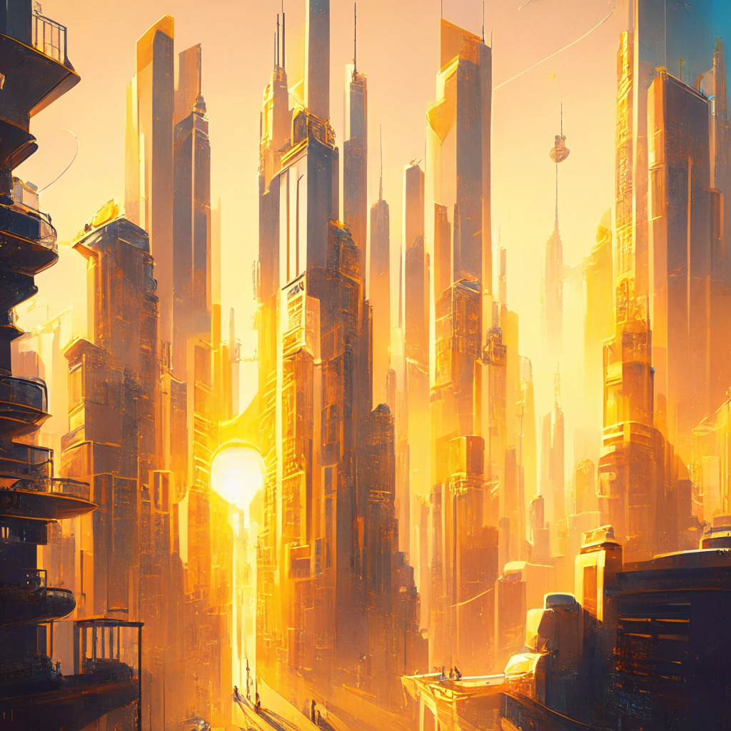 Intricate cityscape with top US brands' buildings, futuristic blockchain aesthetic, golden sunlight, lively metaverse characters interacting, dynamic brushwork, sense of optimism and innovation, mixed emotions on characters' faces, hints of challenges like security & regulation hurdles.