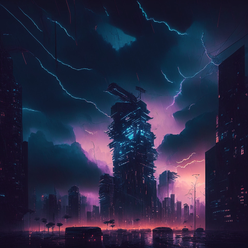 Intricate blockchain cityscape at dusk, dramatic stormy skies, decentralized structures with glowing connections, Tornado Cash mystery at the center, cyberpunk noir style, tense mood, subtle light accents highlighting resilience and innovation, digital tokens in motion.