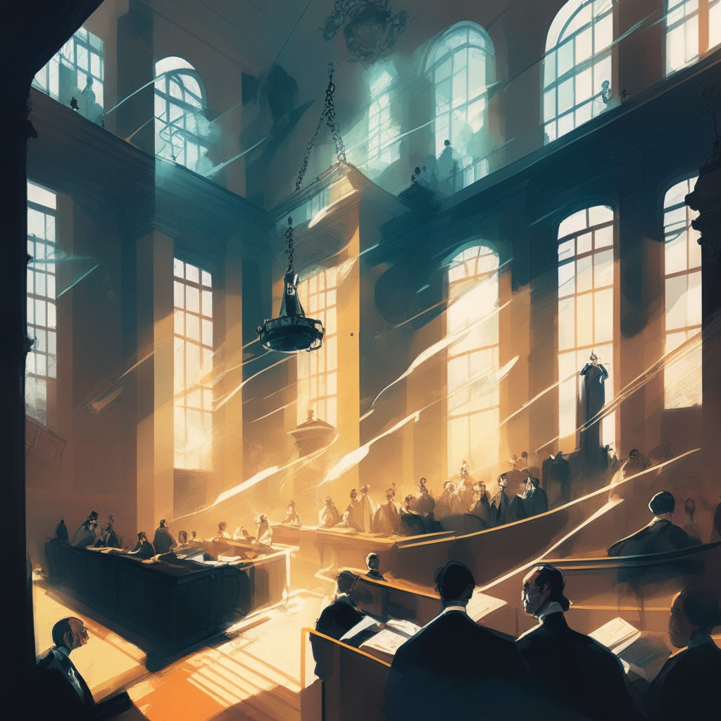 Intricate courtroom scene, tense atmosphere, diverse group of individuals embroiled in a heated debate, light streaming through tall windows, Constitution-themed artwork on the walls, abstract representation of smart contracts, blockchain elements, a blend of Baroque and modern art styles, muted colors, visual essence of privacy and free speech, a touch of digital art.