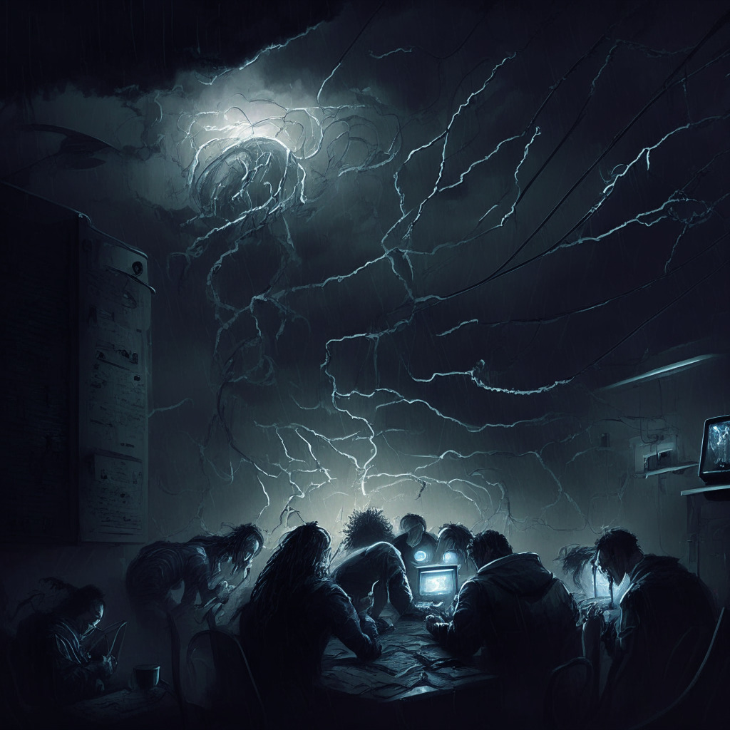Dark, stormy night with a tornado spiraling, a few technology devices tangled in the whirlwind, a group of diverse people huddled together working on a futuristic device, shadows cast by lightning bolts, digital locks, chains, and encryption codes breaking apart, a sense of determination and resilience in the community's eyes, intense, moody atmosphere.