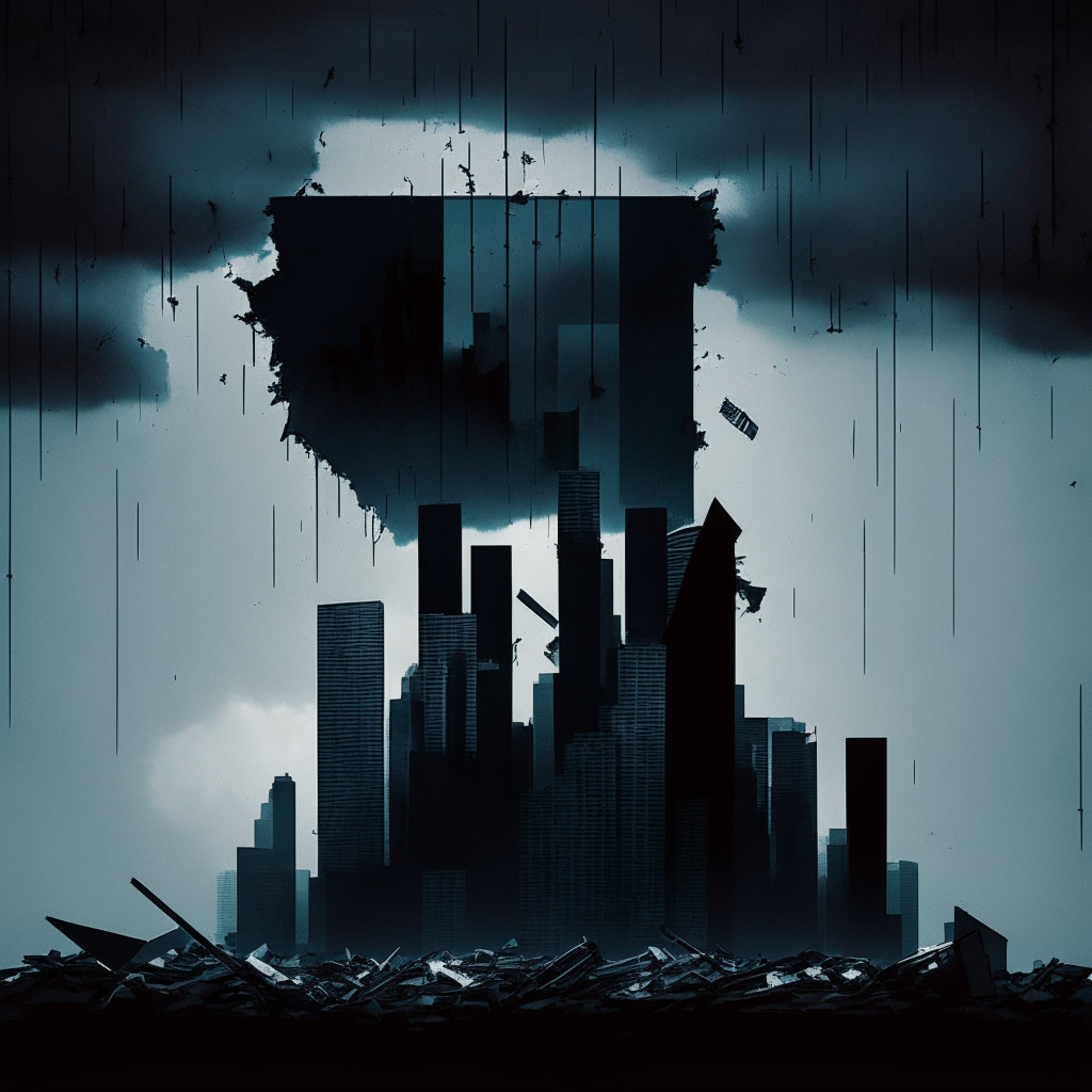 Dark financial skyline, silhouettes of crumbled buildings, TradeBlock sign falling apart, looming storm clouds representing regulatory challenges, cold light casting eerie shadows, somber mood of crypto industry downturn, subtle reference to the closing door, US flag and scales hinting at regulatory balance discussion, juxtaposition of innovative tech vs. compliance.