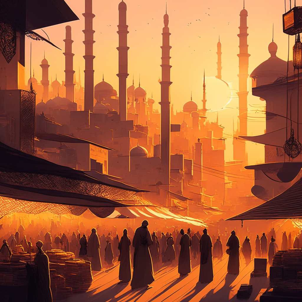 Intricate Middle Eastern cityscape at sunset, golden sky, bustling market, individuals exchanging currencies, futuristic digital elements, subtle patterns of connecting lines, sense of optimism and collaboration, abstract hints of financial technology, warm and inviting atmosphere.
