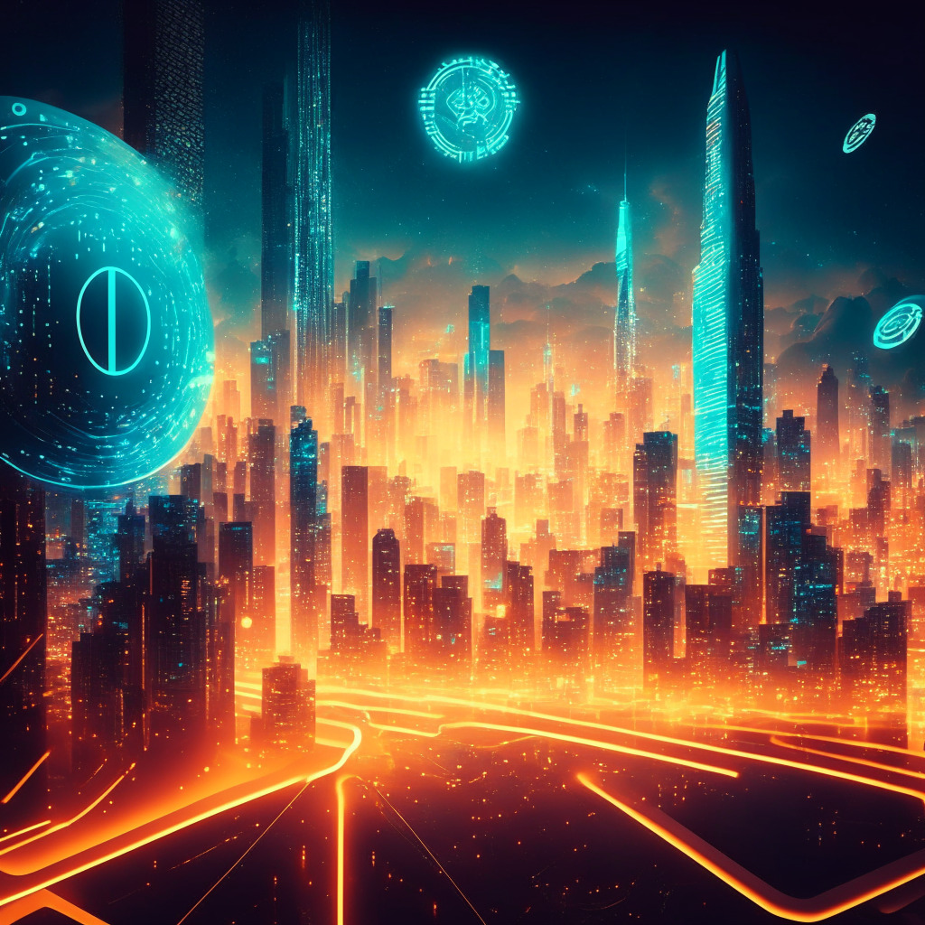 A futuristic cityscape showcasing financial evolution, Ripple & Tranglo partnership milestone, swift cross-border transactions, Asian and Latin American influences, ODL expansion, warm glowing lights, dynamic movement, a sense of optimism and innovation, subtle cautionary undertones, blockchain elements.