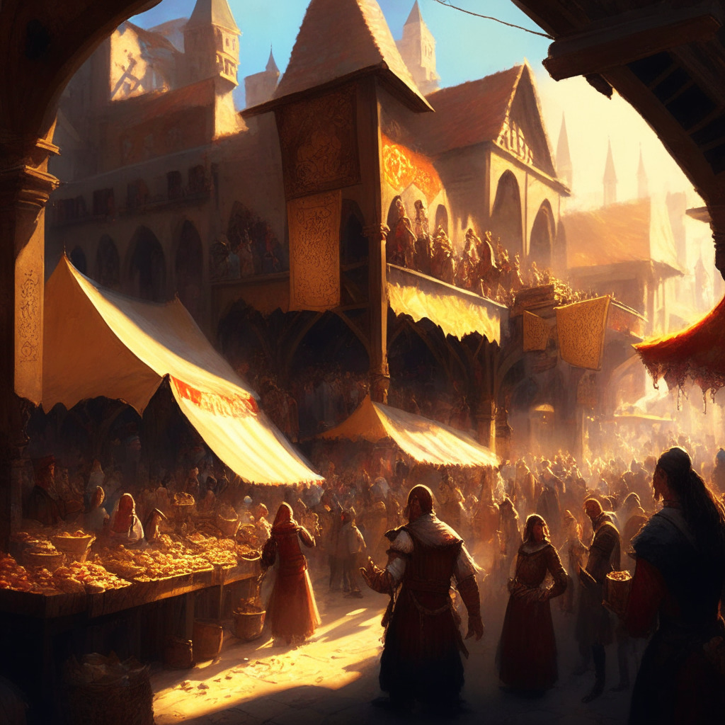 Detailed medieval marketplace with bustling crowds, contrasting Web2 and Web3 users, sunlight casting warm glow, chiaroscuro shadows, vibrant colors, whimsical and energetic atmosphere. Web2 users hold fading scrolls symbolizing traditional marketing, while Web3 users exchange intricate, unique NFT tokens, highlighting successes and challenges.