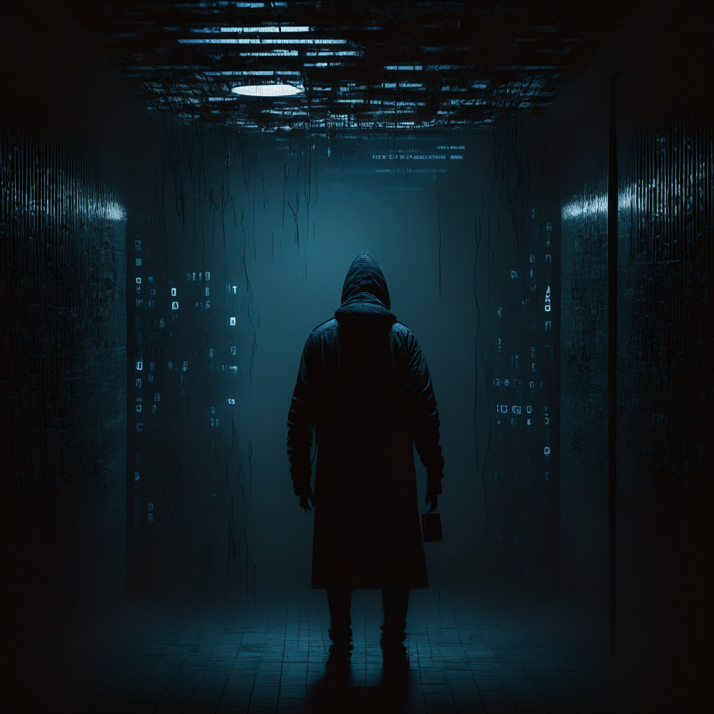 Crypto wallet security breach scene, dark atmosphere, shadowed hacker figure, modern art style, gloomy lighting, mood of tension and caution, firmware extraction visual, strong passphrase emphasized, sense of individual responsibility, advanced tools depicted, no brand references.