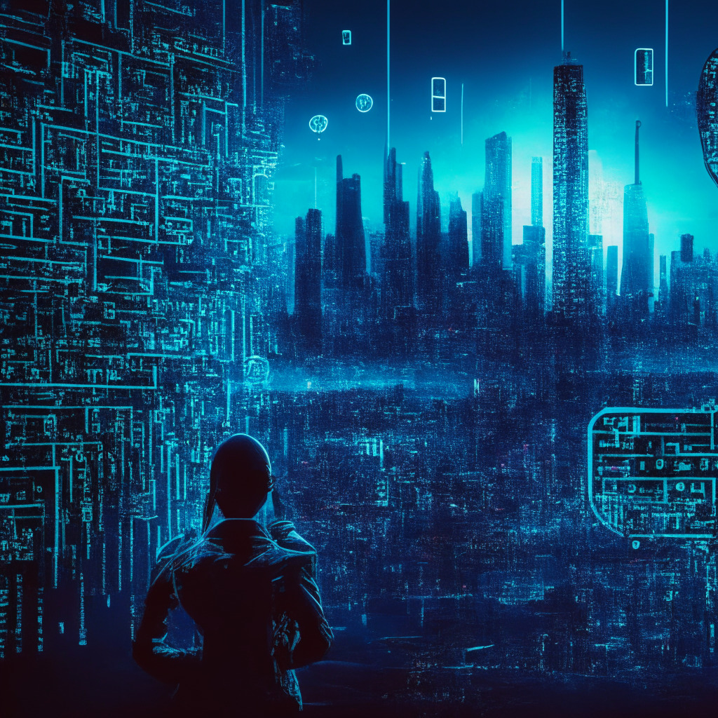 Cybersecurity threat averted in blockchain scene: Cryptographers analyzing multi-signature accounts, futuristic city skyline infused with digital currency symbols, contrasting lights and shadows, cyberpunk aesthetic, tense yet vigilant atmosphere, breakthrough in security leads to relief and increased vigilance in the crypto community.