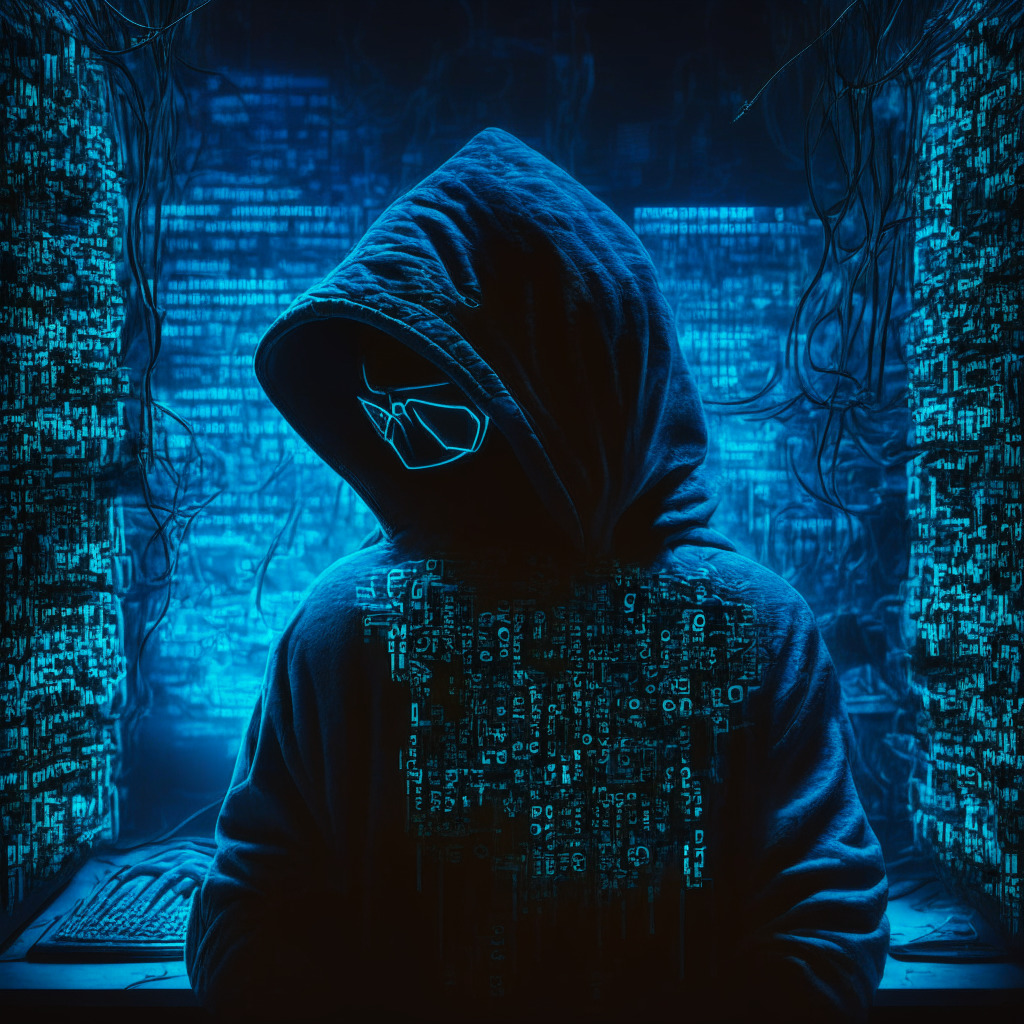 Mysterious hacker in dark room, disheveled cables, obscured face beneath hoodie and neon-blue binary codes reflecting off glasses, digital wallets, global map in background, sharp chiaroscuro lighting, cyberpunk art style, urgent mood, tense atmosphere.