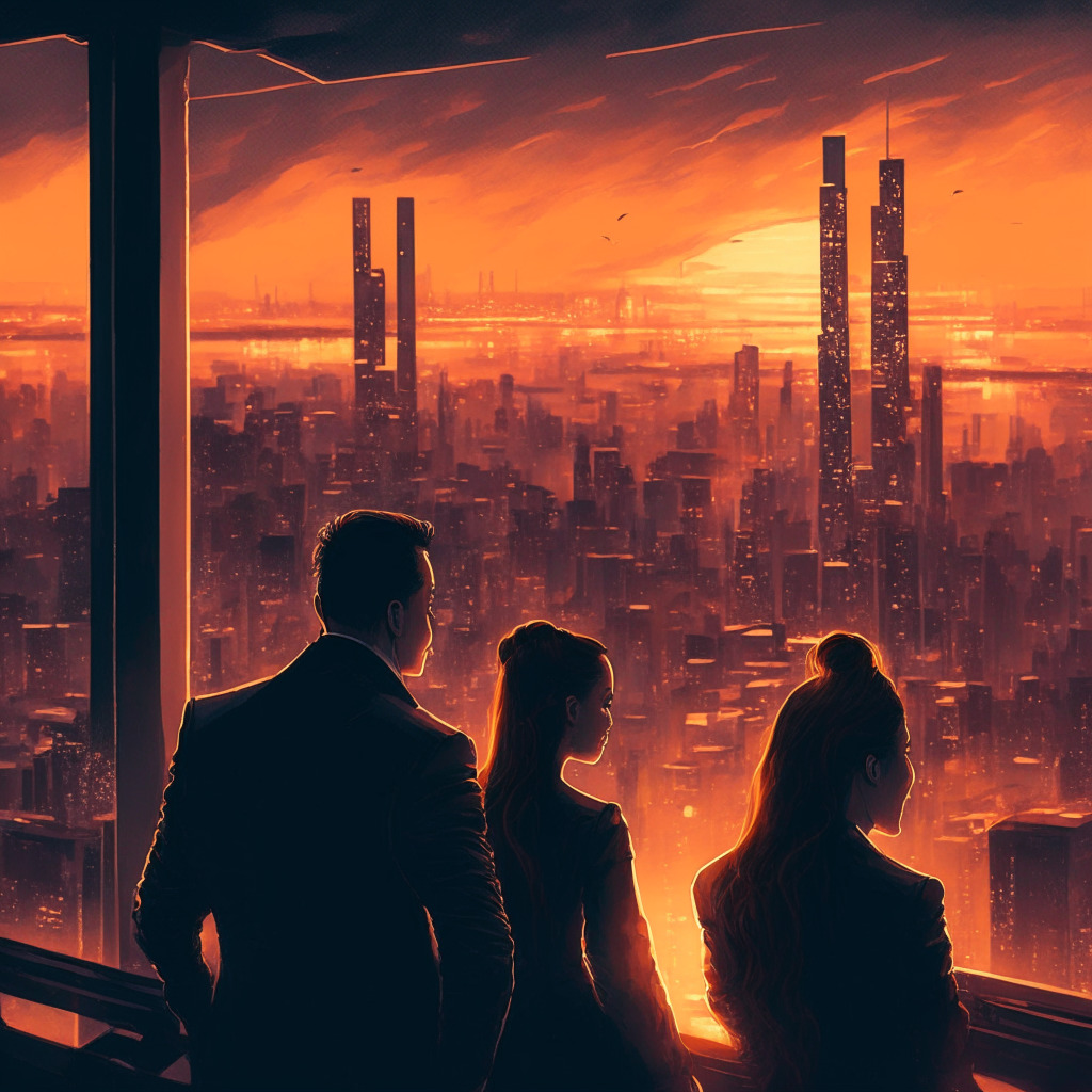 Intricate crypto cityscape at dusk, warm tones, futuristic architecture, people exchanging cryptocurrencies, soft impressionist style, Elon Musk and Linda Yaccarino discussing future on a rooftop, shimmering blockchain elements, mood of innovation and optimism, with caution in the air.