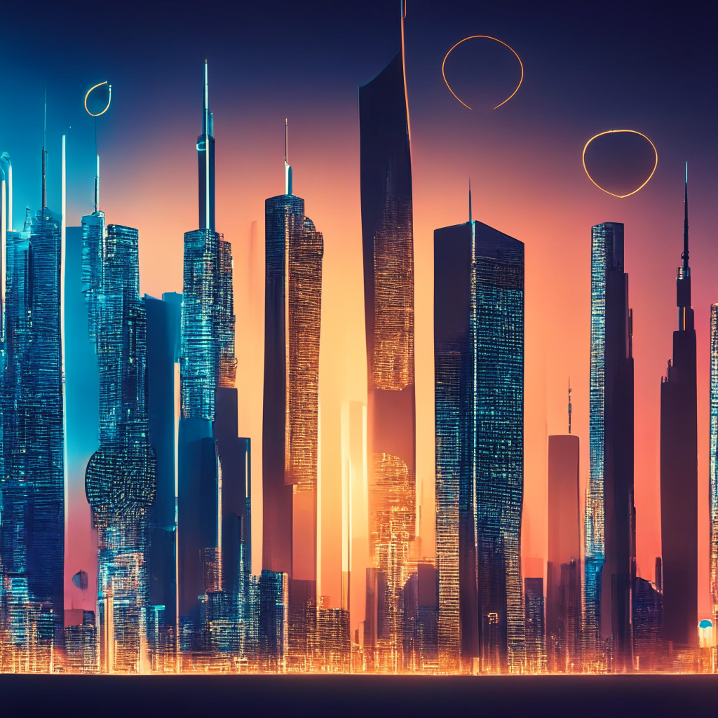 UAE Central Bank's crypto guidelines scene: Futuristic cityscape at dusk, financial institutions illuminated, safety and security symbols, vibrant palette reflecting innovation, contrasting shadows for risk and regulation, intense gaze of a digital regulator, balance scale icon showing security and growth, moody sky representing industry uncertainty.