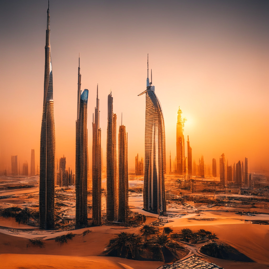UAE crypto hub, Coinbase executives visit, discussions with ADGM & VARA, web3 innovation, 500 startups, blockchain infrastructure funding, pro-business regulations, global expansion, Armstrong's keynote at Dubai Fintech Summit, intricate Arabian patterns, golden desert hues, sunset lighting, futuristic skyline, merging traditional & modern elements, dynamic energy, air of optimism.