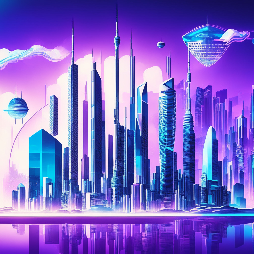 Futuristic cityscape with UAE and Hong Kong skylines merging, glowing crypto coins, central bank buildings, soft warm light blue sky with hues of purple, abstract geometric visual representations of financial infrastructure, vibrant digital atmosphere, tone of innovation, collaboration, and growth.