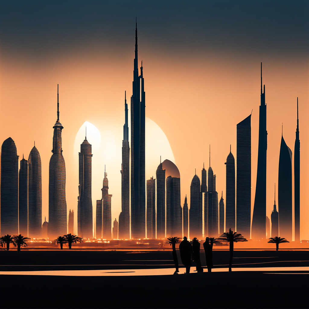 Dazzling UAE skyline at dusk, blending traditional and modern architecture, warm desert hues, silhouettes of cryptocurrency leaders in foreground, discussing innovative solutions, idyllic light settings reflecting future-forward regulations, juxtaposed with semi-transparent, contrasting monochrome background of US officials debating regulatory rules, creating a mood of uncertainty and contrast.