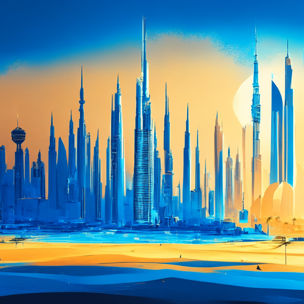 UAE crypto hub & US struggle: Arabian skyline with futuristic crypto elements, contrasting American city with SEC lawsuit papers, balanced global scale, warm golden light illuminating UAE, cool blue hues on the US, impressionist style, mood: tipping point, growth & uncertainty.