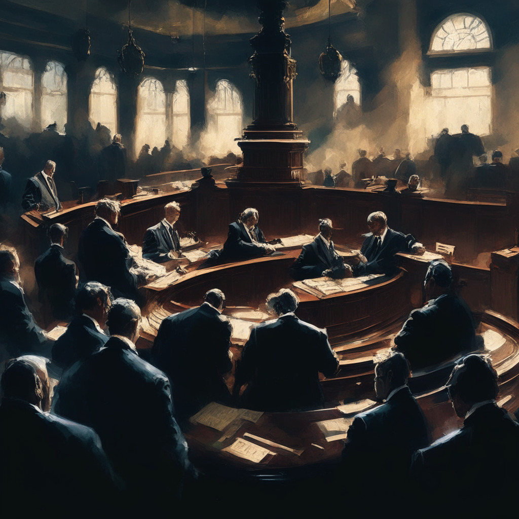 Intricate parliamentary scene, lawmakers deliberating, crypto vs gambling elements, balance scale, warm and cool lighting, tension filled atmosphere, impressionist art style, muted color palette, air of uncertainty, subtle glow highlighting key debate points, UK at a regulatory crossroads, 350 characters.