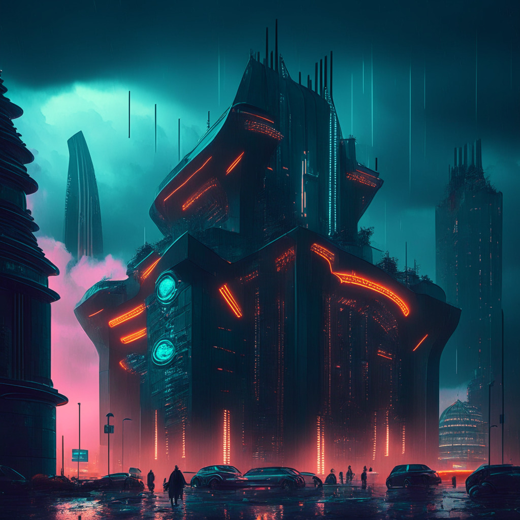 Intricate cityscape with a futuristic vibe, UK governmental buildings mixed with futuristic financial structures, crypto coins with casino-related objects, moody overcast sky, hints of neon glow, diverse group of people debating, intense expressions, chiaroscuro-style lighting, contrasting volatility with potential innovation.