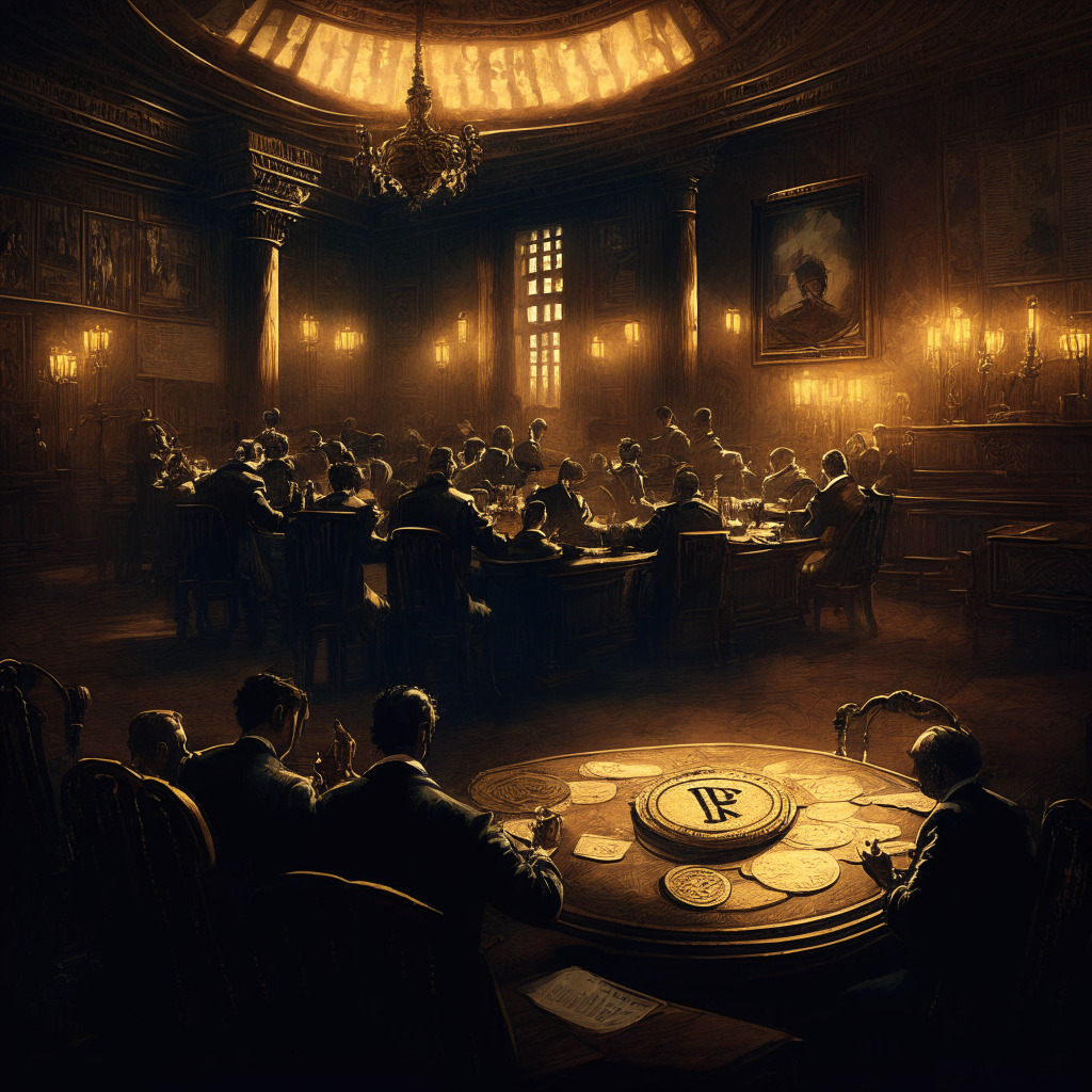 Intricate parliamentary chamber scene, dimly lit with warm light, people debating intensely, tense atmosphere, Victorian oil painting style, hint of blockchain symbols woven into the wallpaper, focus on a digital coin on the table with question mark, contrasting crypto aspiration & regulation dilemma.