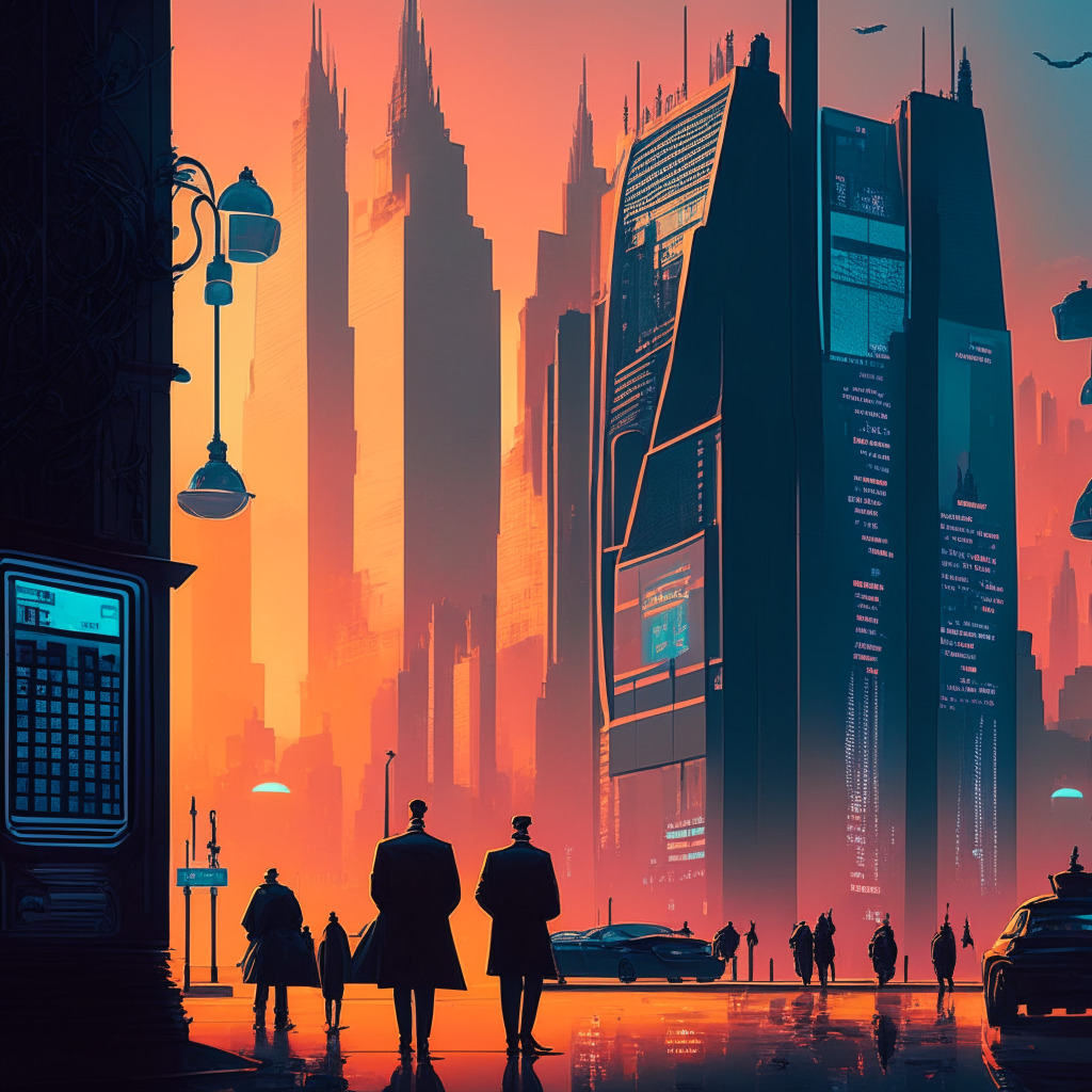 Intricate cityscape with crypto ATMs, law enforcement officers, UK landmarks, dusk lighting, nuanced shadows, harmonious color palette, FCA agents inspecting machines, concerned citizens, mood of ambivalence, blend of innovation and regulation, air of uncertainty, futuristic financial backdrop.